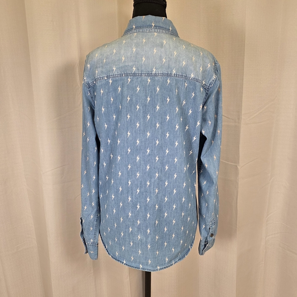 Vans Light Blue Denim Button-Up Shirt with White Lightning Print - Picture 5 of 11
